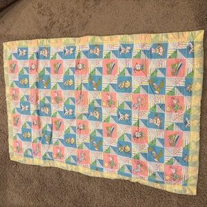 VINTAGE Hand Made Hand Stitched Baby Quilt 48”x 32” Ducks Trains Lambs Humpty